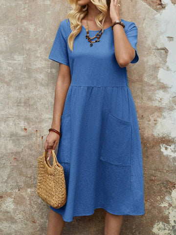 EMERY ROSE Women's Spring Round Neck Short-Sleeve Dress With Pockets And Doll Pattern