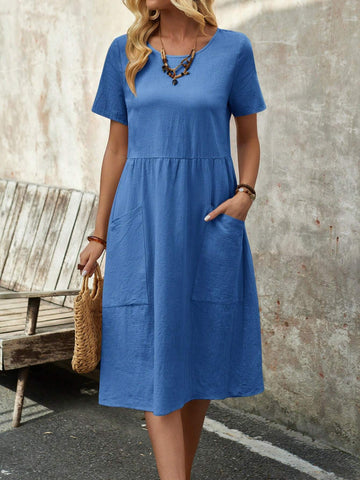 EMERY ROSE Women's Spring Round Neck Short-Sleeve Dress With Pockets And Doll Pattern