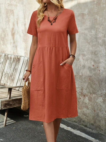 EMERY ROSE Women's Spring Round Neck Short-Sleeve Dress With Pockets And Doll Pattern