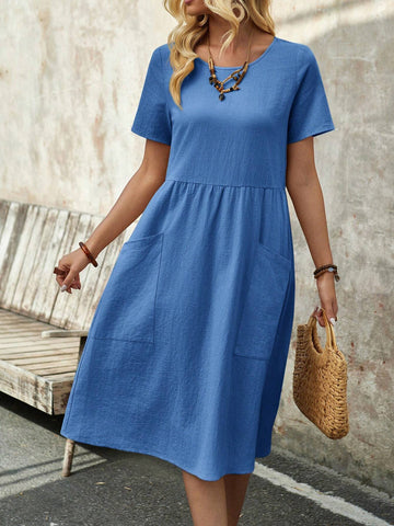 EMERY ROSE Women's Spring Round Neck Short-Sleeve Dress With Pockets And Doll Pattern