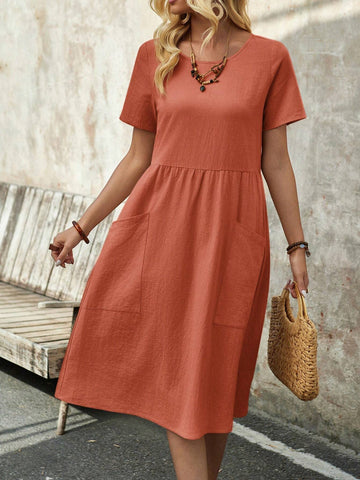 EMERY ROSE Women's Spring Round Neck Short-Sleeve Dress With Pockets And Doll Pattern