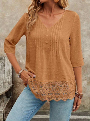 EMERY ROSE Women's Spring Summer V-Neck 3/4 Sleeve Lace Hem Casual Blouse