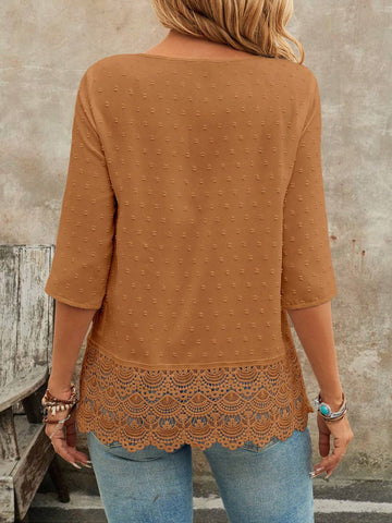 EMERY ROSE Women's Spring Summer V-Neck 3/4 Sleeve Lace Hem Casual Blouse