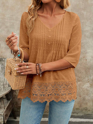 EMERY ROSE Women's Spring Summer V-Neck 3/4 Sleeve Lace Hem Casual Blouse