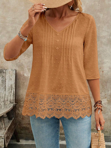 EMERY ROSE Women's Spring Summer V-Neck 3/4 Sleeve Lace Hem Casual Blouse