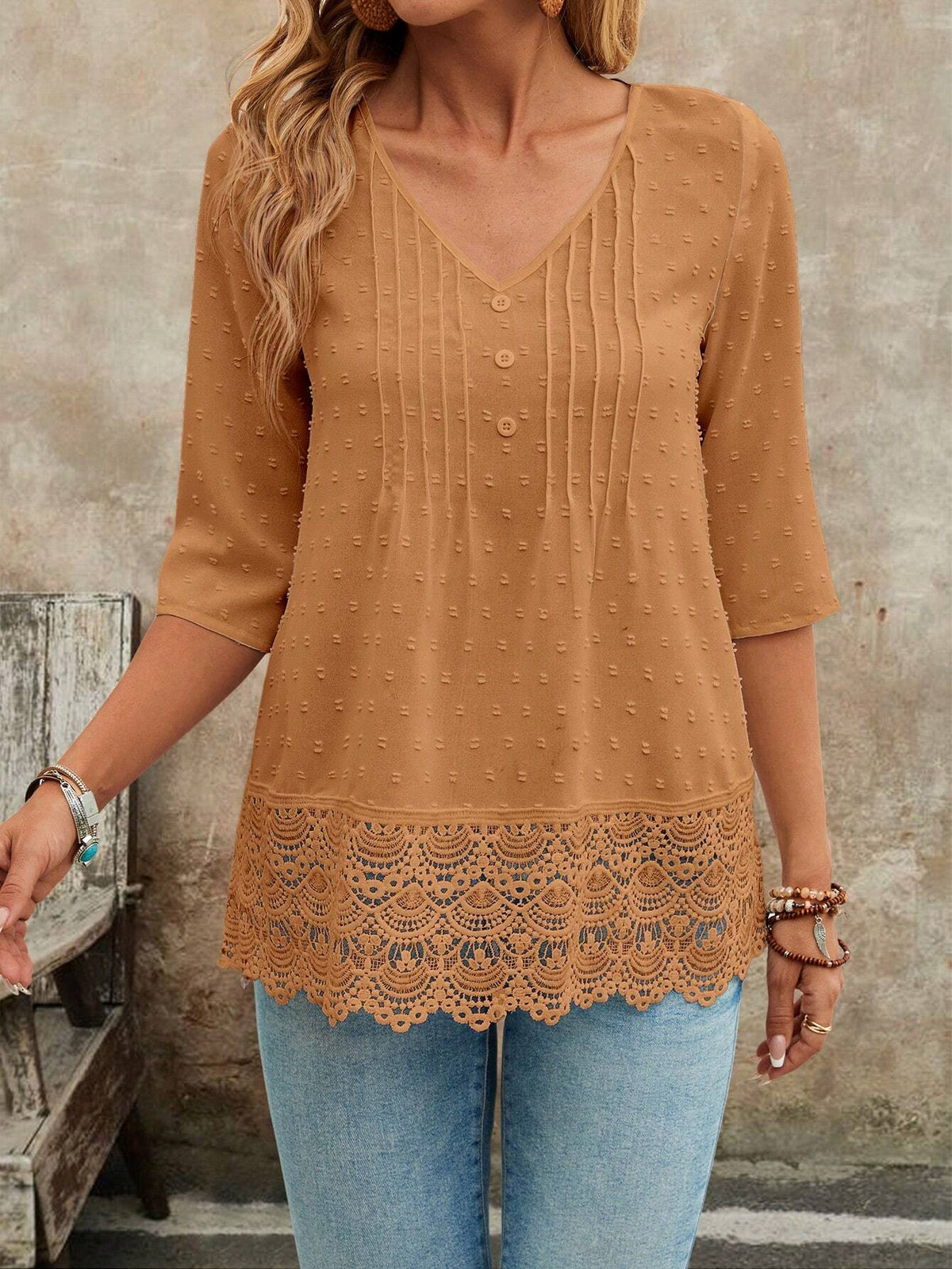 EMERY ROSE Women's Spring Summer V-Neck 3/4 Sleeve Lace Hem Casual Blouse