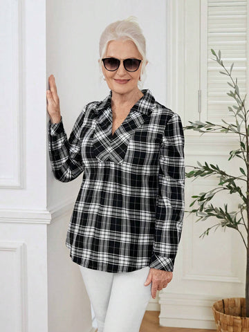 EMERY ROSE Women's Spring Summer V-Neck Long Sleeve Casual Plaid Shirt Women Blouses Fall Women Shirts