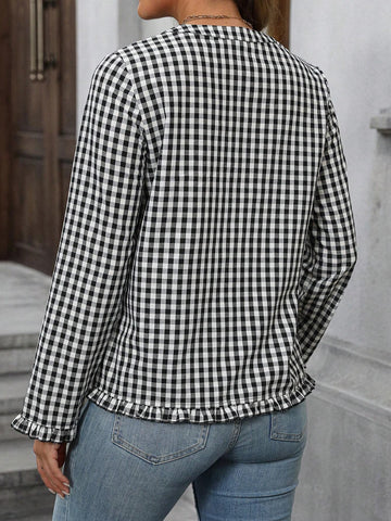 EMERY ROSE Women's Spring & Summer V-Neck Plaid Long Sleeve Elegant Shirt For Commute