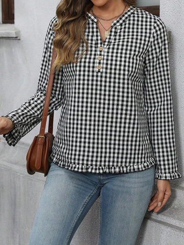 EMERY ROSE Women's Spring & Summer V-Neck Plaid Long Sleeve Elegant Shirt For Commute