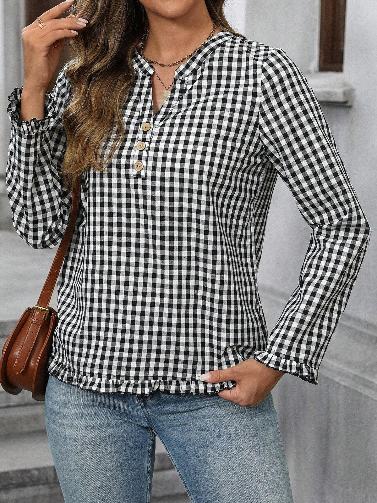 EMERY ROSE Women's Spring & Summer V-Neck Plaid Long Sleeve Elegant Shirt For Commute
