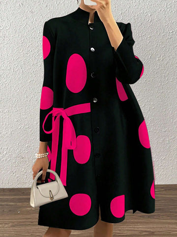 EMERY ROSE Women's Stand Collar Polka Dot Lace-Up Buttoned Design Dress