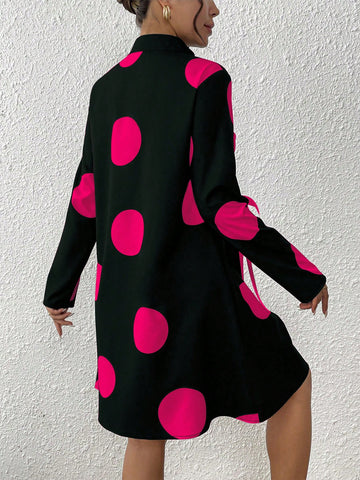 EMERY ROSE Women's Stand Collar Polka Dot Lace-Up Buttoned Design Dress