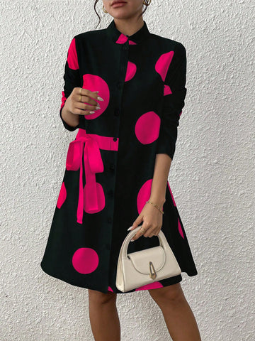 EMERY ROSE Women's Stand Collar Polka Dot Lace-Up Buttoned Design Dress