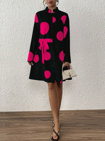 EMERY ROSE Women's Stand Collar Polka Dot Lace-Up Buttoned Design Dress
