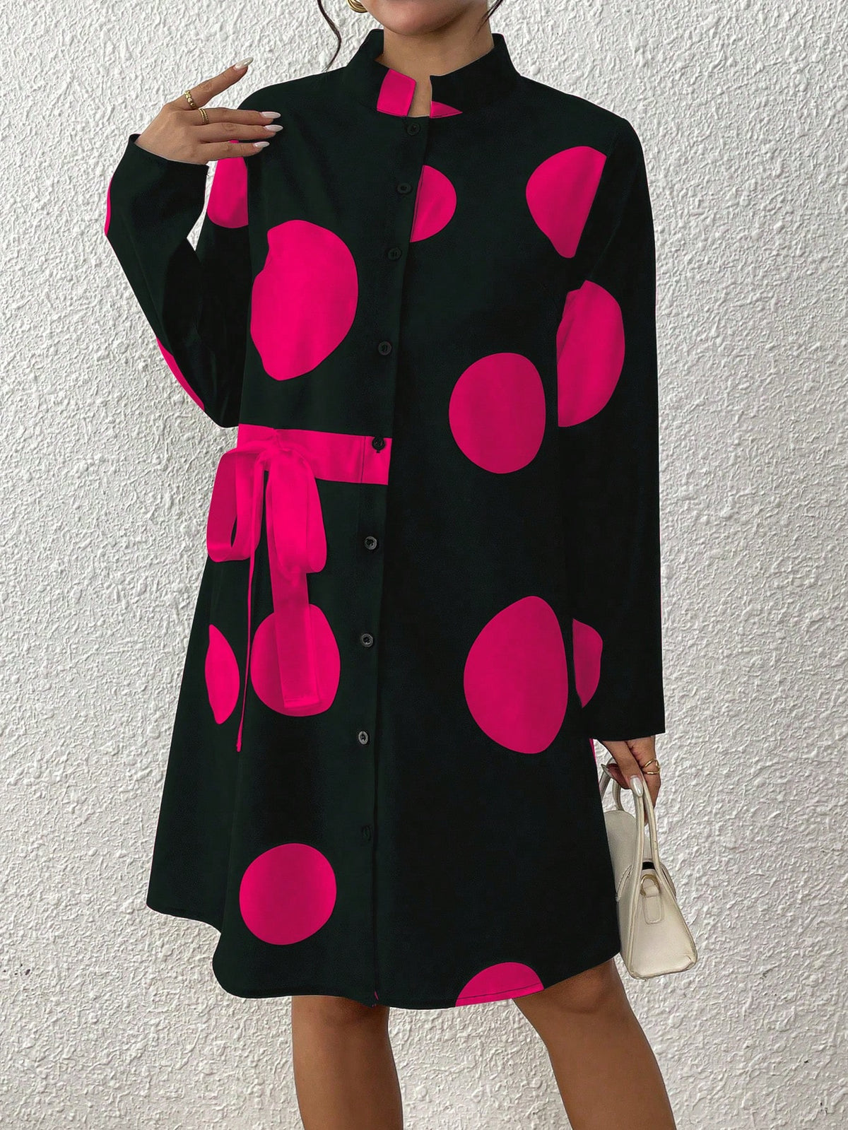 EMERY ROSE Women's Stand Collar Polka Dot Lace-Up Buttoned Design Dress