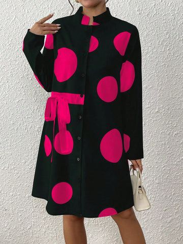 EMERY ROSE Women's Stand Collar Polka Dot Lace-Up Buttoned Design Dress