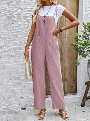 EMERY ROSE Women's Stripe Printed Pocket Spaghetti Strap Jumpsuit, Summer