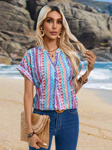 EMERY ROSE Women's Striped Graphic Short Sleeve Casual Shirt