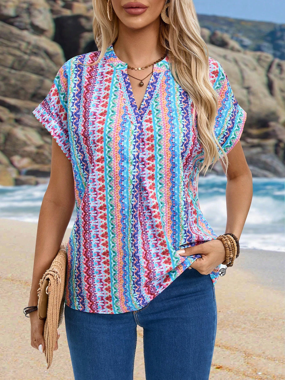 EMERY ROSE Women's Striped Graphic Short Sleeve Casual Shirt