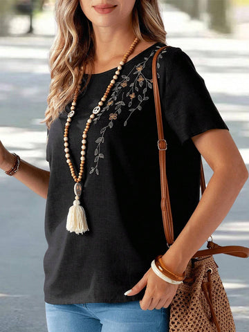 ROSE Women's Summer Black Round Neck Shirt With Embroidered Floral Pattern