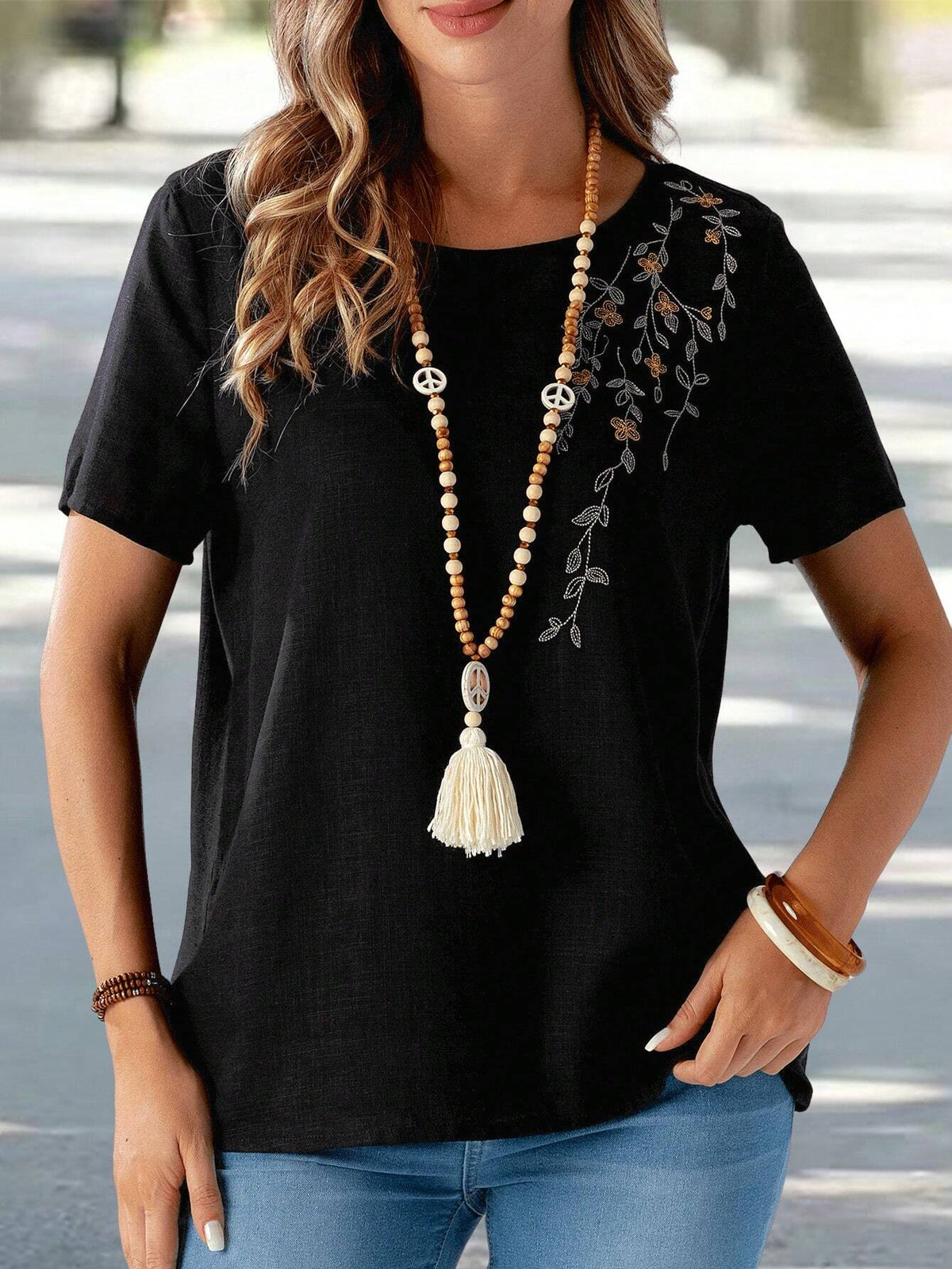 ROSE Women's Summer Black Round Neck Shirt With Embroidered Floral Pattern