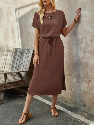 EMERY ROSE Women's Summer Brick Red Round Neck Batwing Short-Sleeve Midi Dress