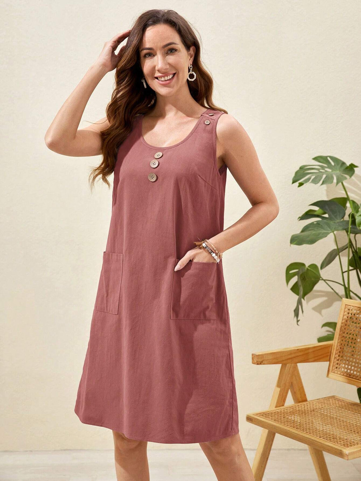 EMERY ROSE Women's Summer Button Decor Double Pocket Casual Top Dress