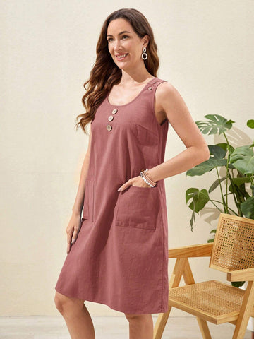 EMERY ROSE Women's Summer Button Decor Double Pocket Casual Top Dress