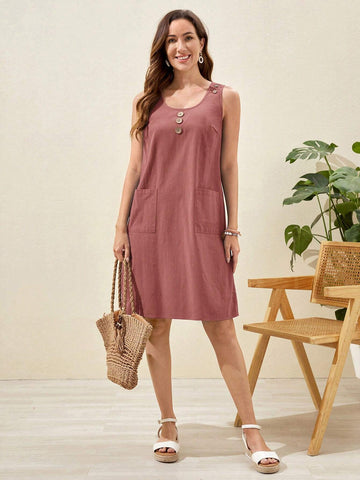 EMERY ROSE Women's Summer Button Decor Double Pocket Casual Top Dress