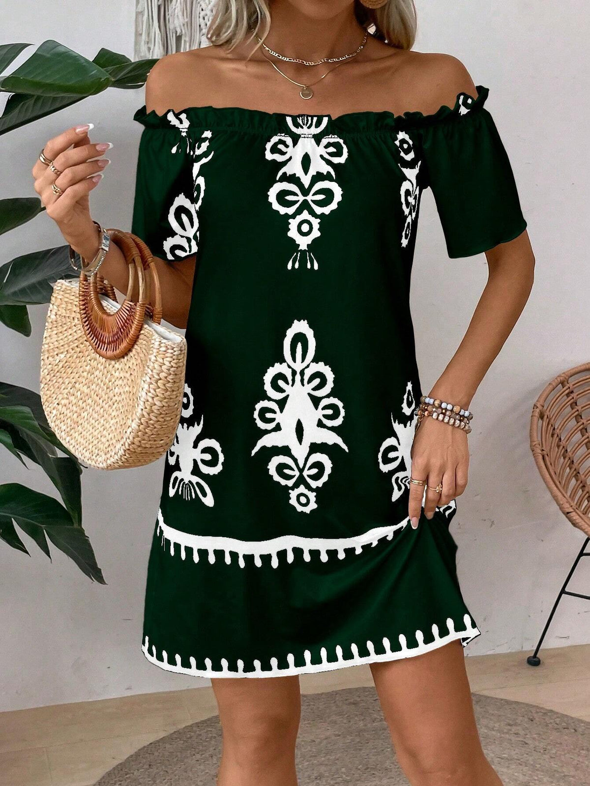 EMERY ROSE Women's Summer Casual/Beach Off-Shoulder Printed Dress