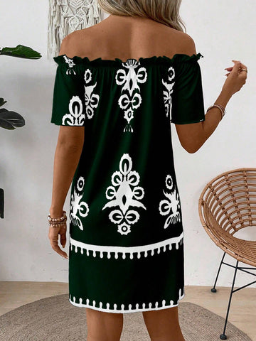 EMERY ROSE Women's Summer Casual/Beach Off-Shoulder Printed Dress