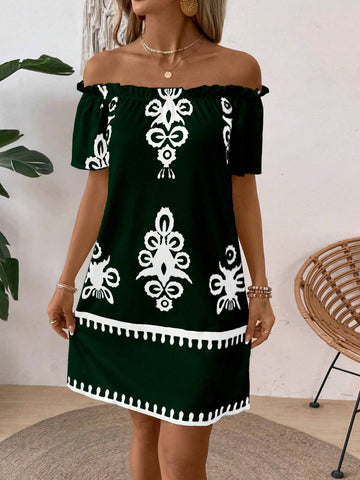 EMERY ROSE Women's Summer Casual/Beach Off-Shoulder Printed Dress