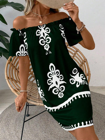 EMERY ROSE Women's Summer Casual/Beach Off-Shoulder Printed Dress