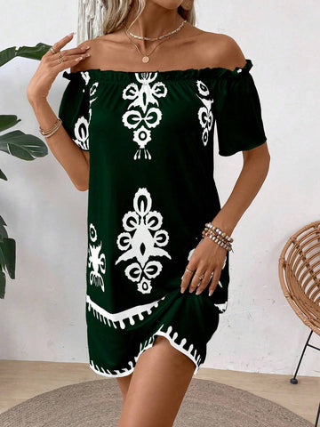 EMERY ROSE Women's Summer Casual/Beach Off-Shoulder Printed Dress