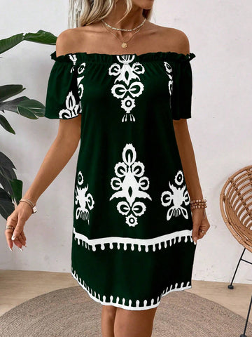 EMERY ROSE Women's Summer Casual/Beach Off-Shoulder Printed Dress