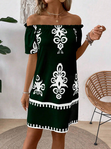 EMERY ROSE Women's Summer Casual/Beach Off-Shoulder Printed Dress