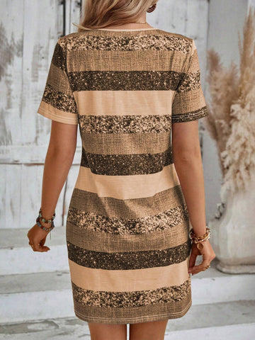 EMERY ROSE Women's Summer Casual Color Block V-Neck Short Sleeve Dress