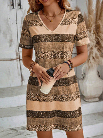 EMERY ROSE Women's Summer Casual Color Block V-Neck Short Sleeve Dress