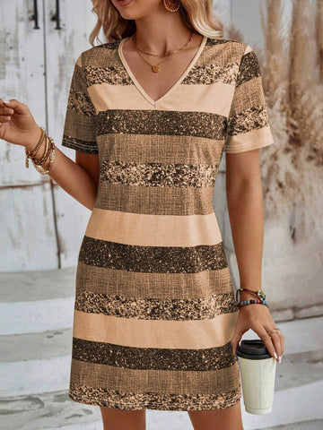 EMERY ROSE Women's Summer Casual Color Block V-Neck Short Sleeve Dress