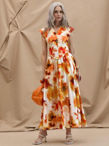 EMERY ROSE Women's Summer Casual V-Neck Orange Watercolor Tie-Dye Printed Wide Padded Shoulder Shirt