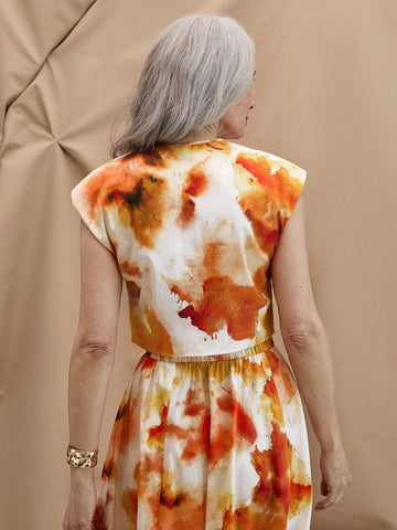 EMERY ROSE Women's Summer Casual V-Neck Orange Watercolor Tie-Dye Printed Wide Padded Shoulder Shirt