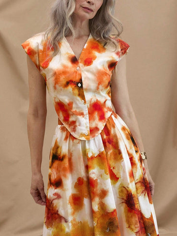 EMERY ROSE Women's Summer Casual V-Neck Orange Watercolor Tie-Dye Printed Wide Padded Shoulder Shirt