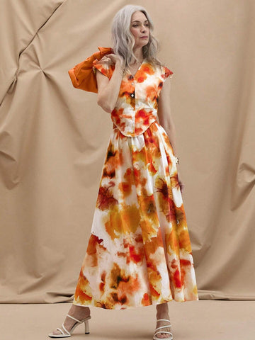 EMERY ROSE Women's Summer Casual V-Neck Orange Watercolor Tie-Dye Printed Wide Padded Shoulder Shirt