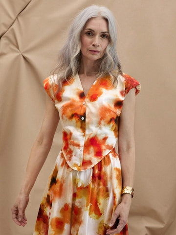 EMERY ROSE Women's Summer Casual V-Neck Orange Watercolor Tie-Dye Printed Wide Padded Shoulder Shirt