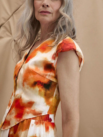 EMERY ROSE Women's Summer Casual V-Neck Orange Watercolor Tie-Dye Printed Wide Padded Shoulder Shirt