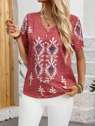 EMERY ROSE Women's Summer Floral Short Sleeve Casual Shirt