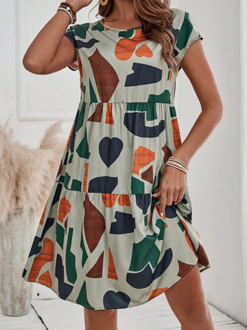 EMERY ROSE Women's Summer Geometric Pattern Print Round Neck Short-Sleeve Dress