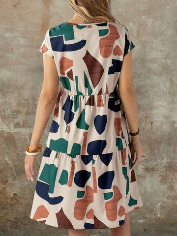 EMERY ROSE Women's Summer Geometric Pattern Print Round Neck Short-Sleeve Dress