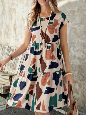 EMERY ROSE Women's Summer Geometric Pattern Print Round Neck Short-Sleeve Dress