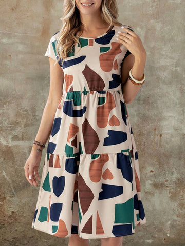 EMERY ROSE Women's Summer Geometric Pattern Print Round Neck Short-Sleeve Dress